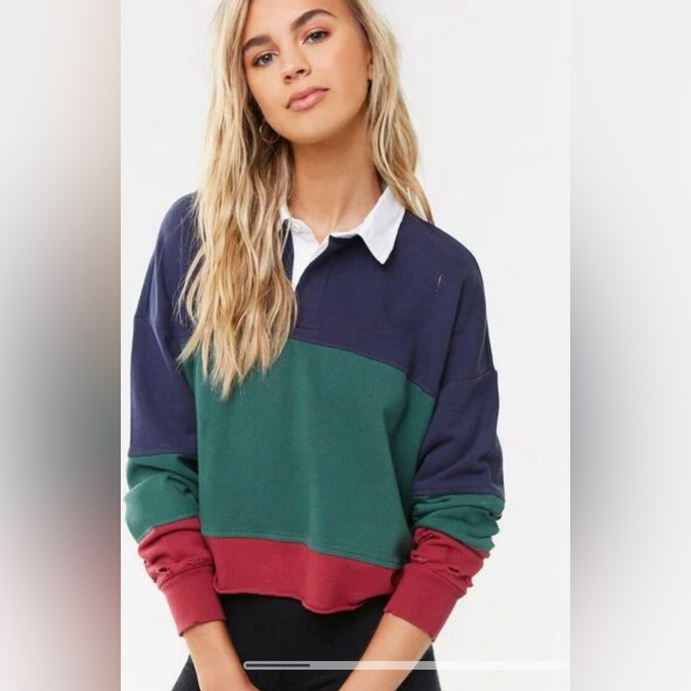 Forever 21 Distressed Colorblock Rugby Shirt